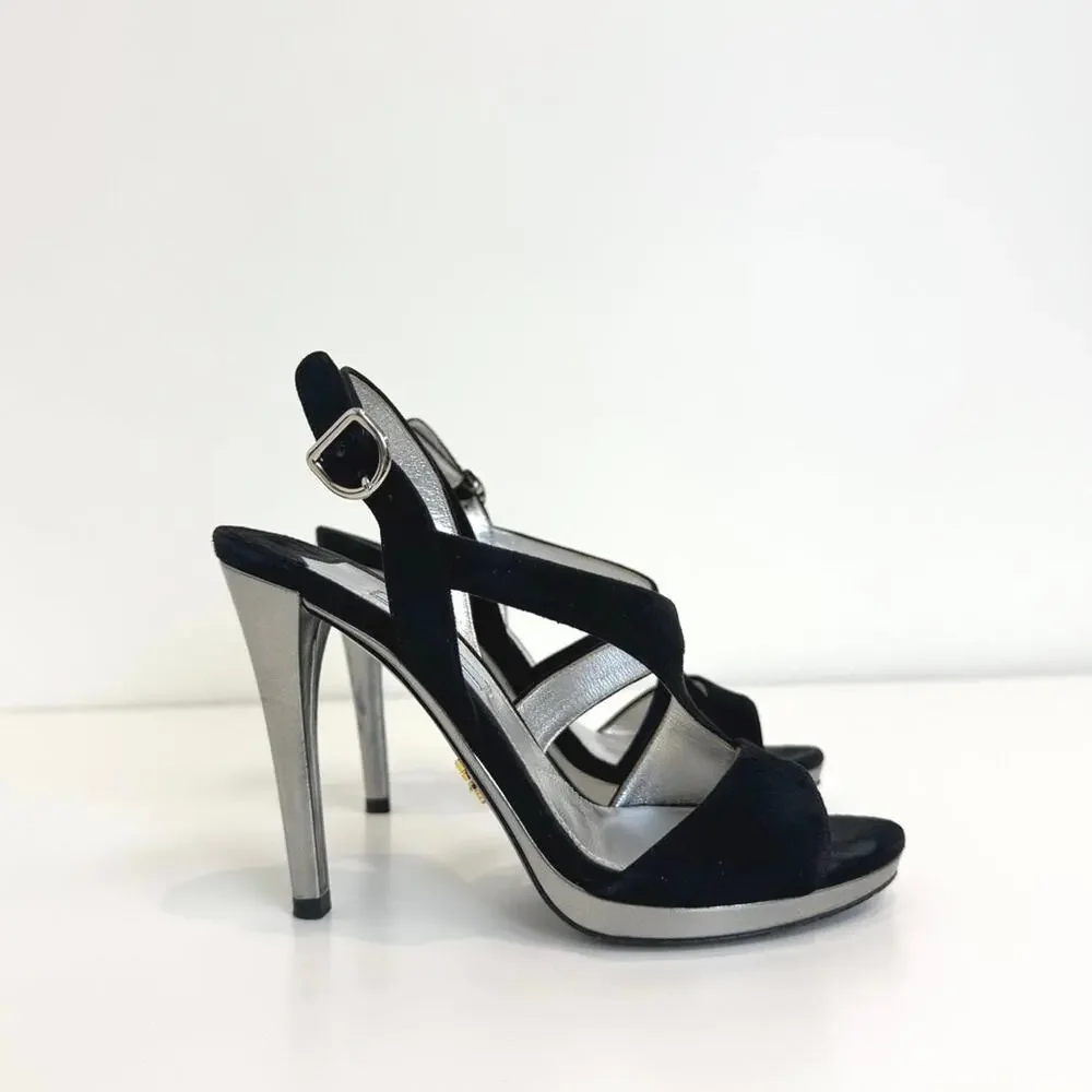 PRADA Black Suede Strappy Silver Buckle Heels 37 Stiletto Leather Sandal Shoes